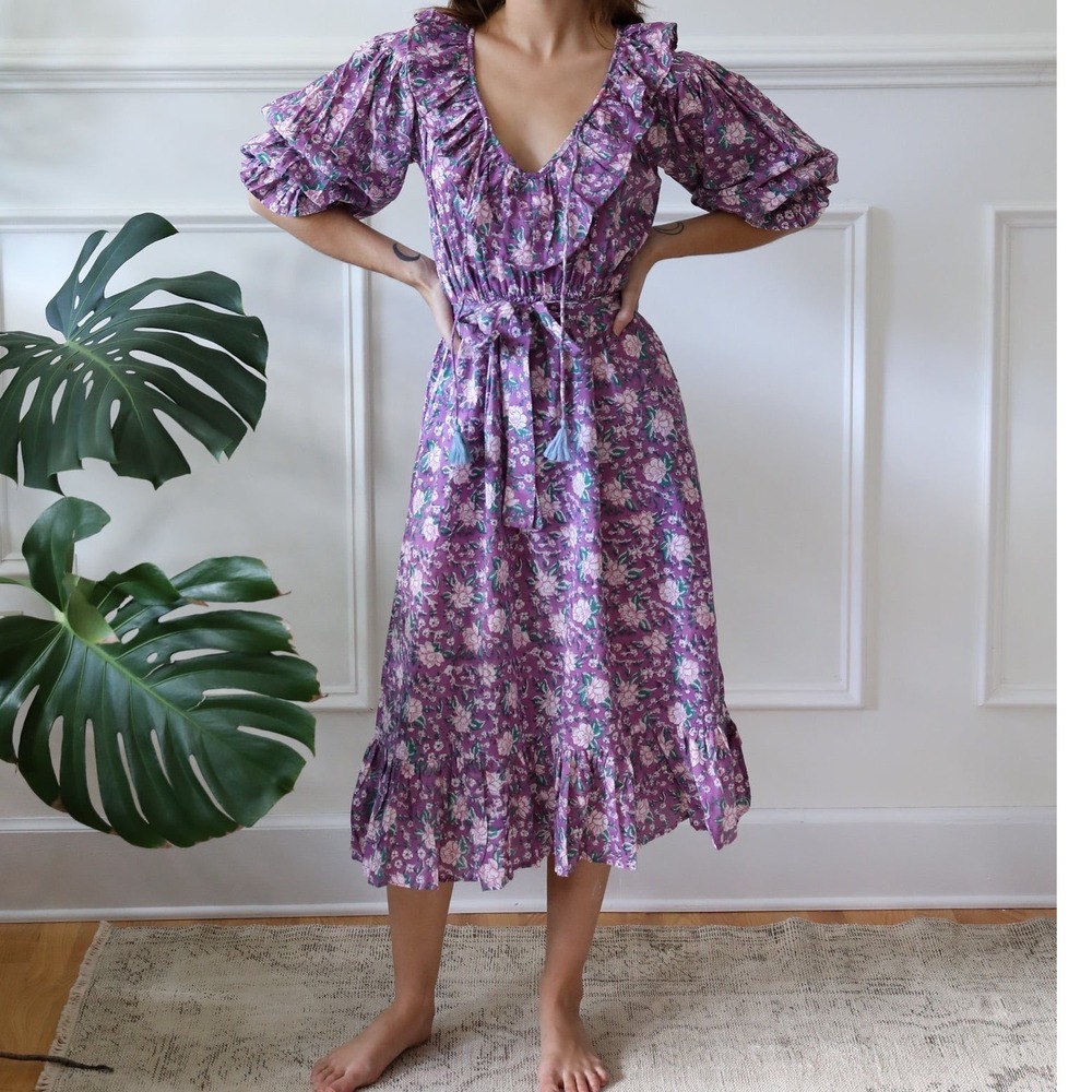 Mille Resort Travel June Midi Dress Purple Rose Floral Size XXS Cottagecore Boho